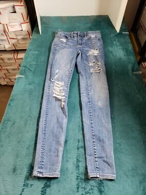 American Eagle Jeans Size 2 Long Women Blue Distressed Stretch High Rise Jegging